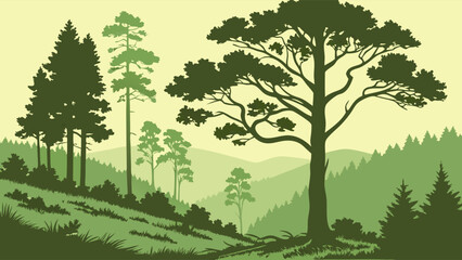 Peaceful Green Forest Landscape Vector. Layered Trees and Hills for Environmental Design, Outdoor Travel, Nature Conservation, and Sustainable Living Backgrounds.