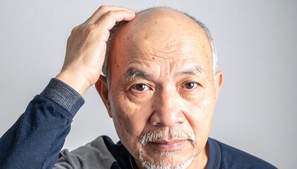 Older man with balding head scratching his head looking thoughtful against a plain background, close-up