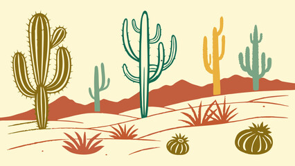 Southwestern Desert Landscape Illustration with Diverse Cacti and Mountains. Flat Design Vector Art for Travel, Nature, Web, and App Backgrounds.