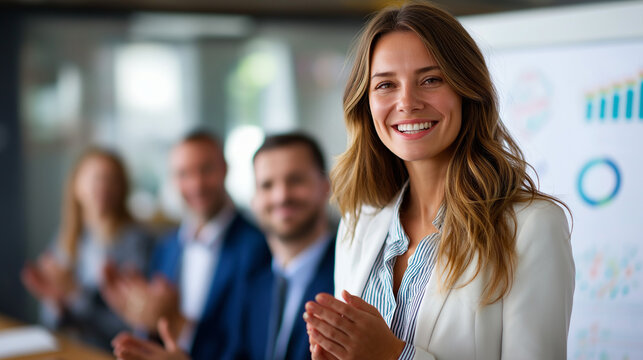 Female presenter standing near whiteboard with charts and graphs at boardroom, audience applauding, successful business presentation, with copy space