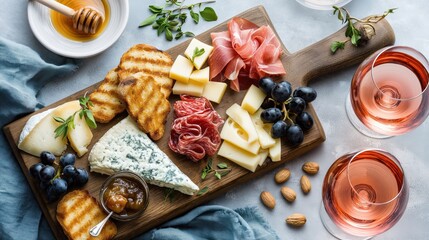 A gourmet charcuterie board with assorted cheese, cured meats, and fruit. An appetizer platter with two glasses of rosé wine. Top view flat lay composition