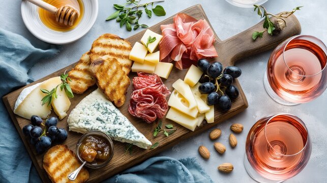A gourmet charcuterie board with assorted cheese, cured meats, and fruit. An appetizer platter with two glasses of rosé wine. Top view flat lay composition