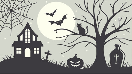 Spooky Halloween Night Silhouette with Haunted House Full Moon Bats Black Cat Pumpkin Gravestone Spider Web for Holiday Party Invitations and Event Design