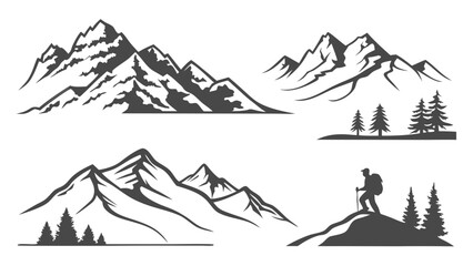 Mountain and Hiking Silhouette Vector Set for Outdoor Adventure, Travel Marketing, Web Design, Nature Exploration Graphics, and Wilderness Logos.
