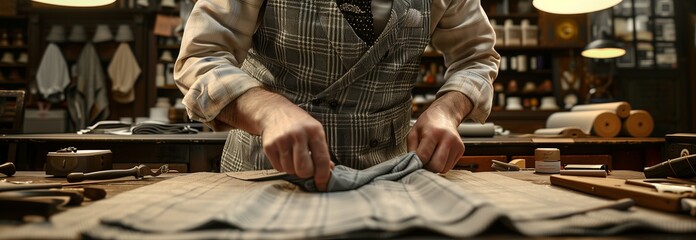 A tailor folding fabric with precision in a vintage workshop filled with tools.