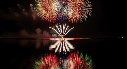 Spectacular Fireworks Display Reflected in Calm Water.