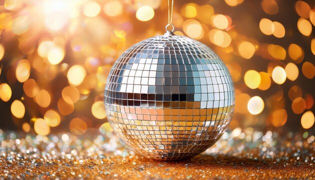 sparkling disco ball on glitter surface party vibes