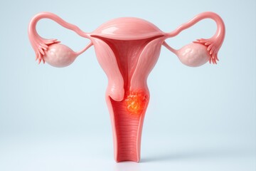 Detailed 3D medical illustration showing a malignant tumor or cancerous growth (carcinoma) located within the uterus of the female reproductive system. Women's health and oncology concept