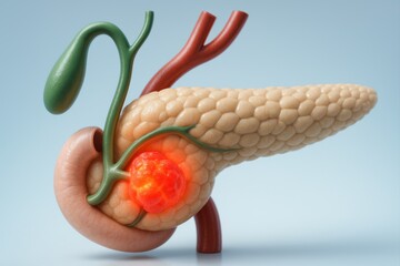 Highly detailed 3D rendering of the pancreas showing a glowing cancerous tumor at the pancreatic head with bile duct compression, representing pancreatic cancer pathology.
