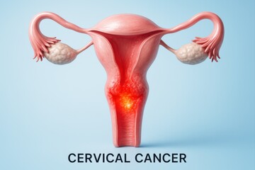 Highly detailed 3D rendering of the female reproductive system showing a glowing cancerous lesion on the cervix, representing cervical cancer and gynecologic disease.
