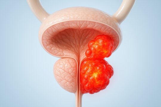3D cutaway illustration of an enlarged prostate showing a tumor and bright inflamed tissue, ideal for medical education and urologic explanations.
