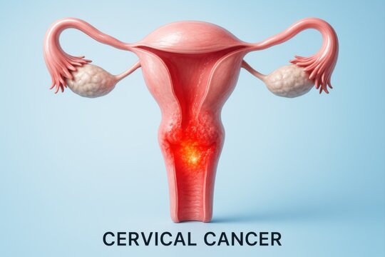 Highly detailed 3D rendering of the female reproductive system showing a glowing cancerous lesion on the cervix, representing cervical cancer and gynecologic disease.
