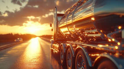 Chrome trailer shining in sunlight, semi on blurred sunset highway 
