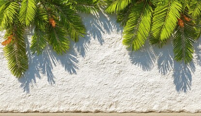 Green fir branches cast shadows on a textured white wall.