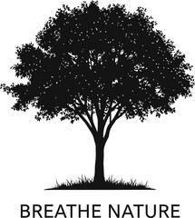 Silhouette of a lush tree with the words breathe nature below, , symbolizing environmental awareness and connection with nature