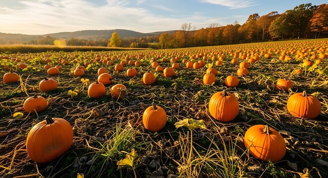 Vast Pumpkin Patch Under Golden Autumn Sunset Sky.