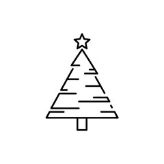 Minimalist black outline of a Christmas tree with a star on a transparent background