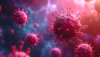 Microscopic view of virus particles against a luminous purple and blue background with several prominent, detailed structures