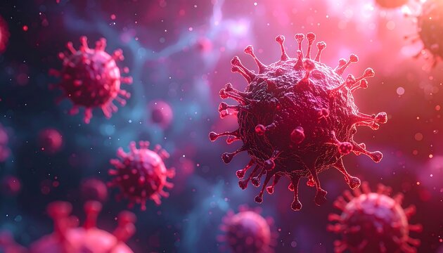 Microscopic view of virus particles against a luminous purple and blue background with several prominent, detailed structures - Powered by Adobe