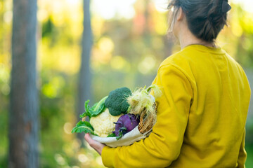 View from behind of girl farmer holding woven basket with broccoli, cauliflower, kohlrabi, and young corn. Autumn harvest, farm produce, healthy vegetables, fiber rich food, agronomist concept.