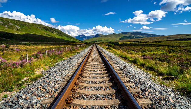 Railway tracks extend through a green valley under a blue sky with scattered clouds, leading toward distant mountains