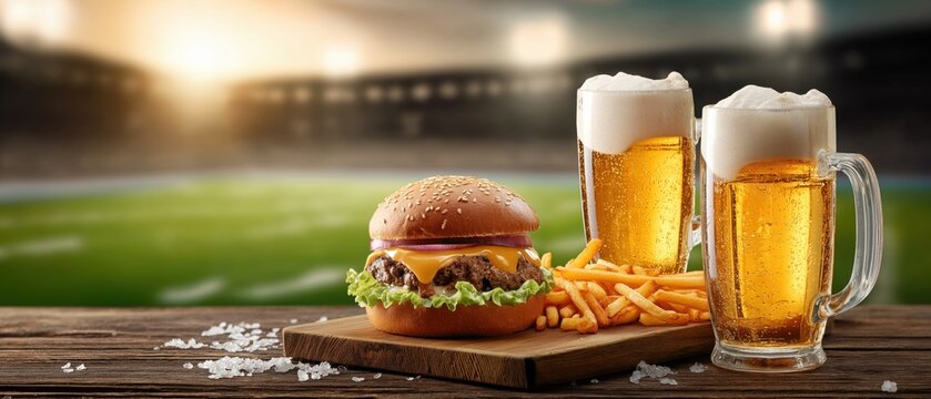 A cheeseburger with french fries and cold beer on a wooden table. Classic game day meal with an American football stadium in the background