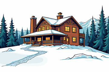 Exterior of an old ski lodge surrounded by snow-covered trees and mountains