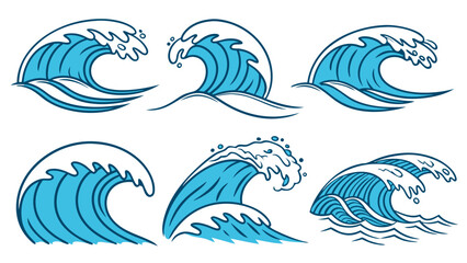 Fototapeta premium Dynamic Crashing Ocean Waves Vector Set for Summer Vacation Travel Tourism Surf Shop Branding Web Design and Environmental Campaigns