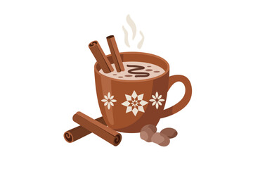 A steaming mug of hot cocoa with cinnamon sticks and almonds, perfect for a cozy winter day.