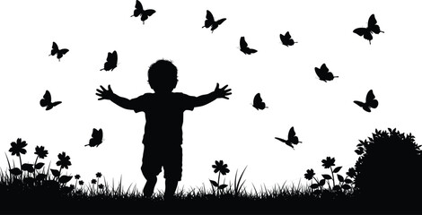 Flat vector, child silhouette in grassy field with butterflies, nature illustration design, innocence joy artwork, outdoor environment drawing template