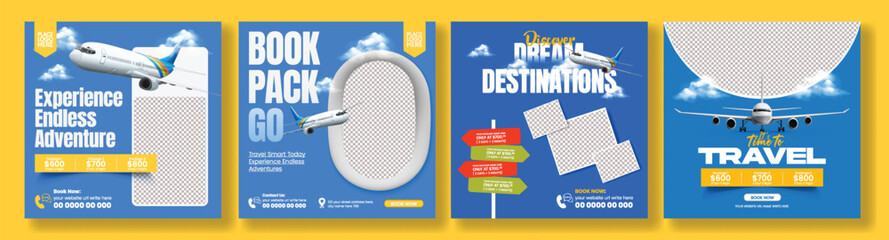 Obraz premium Travel Agency Marketing Post Bundle, Holiday Tour Flyer, and Poster Template Design for Travel Deals, Hotel Resort Booking, Tourism Promotion Vacation Advertisement, and Online Ticket Booking promo