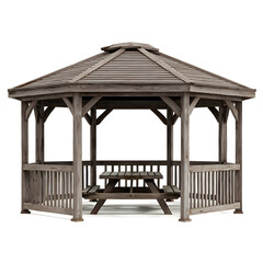 Rustic wooden octagonal gazebo with built in picnic table and slatted roof design