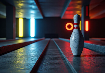 Bowling Pin in Neon Lit Alley with Red and Yellow Lights graphic design