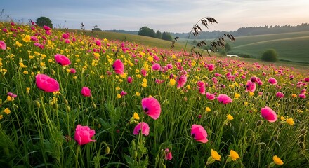 Vibrant Poppy Field at Sunrise with Rolling Hills and Cows Grazing in the Distance.