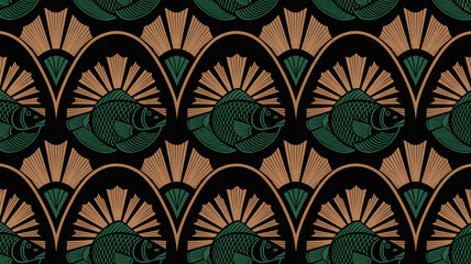 Seamless Art Deco pattern with luxurious emerald fish and golden sunbursts on black background, geometric 1920s style, symmetrical, decorative, elegant, continuous repeat design.