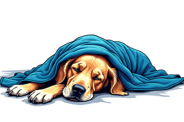 Golden retriever dog sleeping peacefully under a blue blanket
