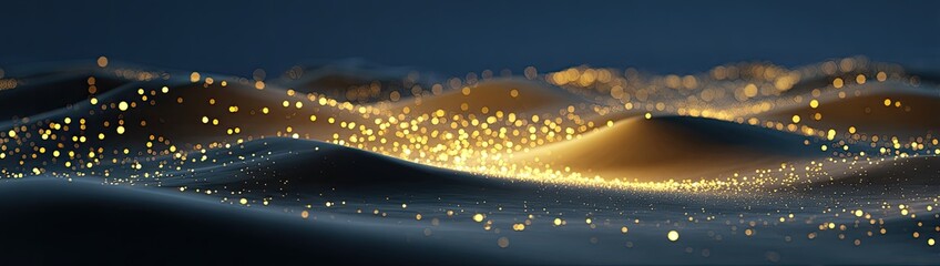 Golden particles float across dark undulating waves.