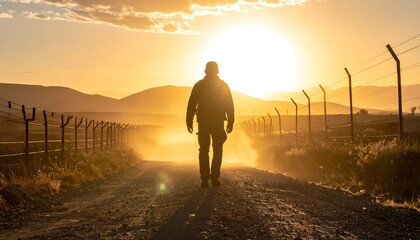 Person walks toward a radiant sunset on a dusty road with fencing and distant mountains