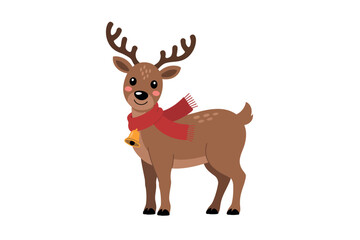 A cheerful reindeer wearing a red scarf and a bell around its neck stands proudly against a white background, embodying holiday spirit.