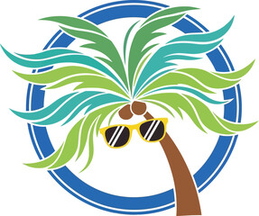 A cool palm tree with sunglasses in a blue circle, a fun and tropical design for summer vacations and beach getaways
