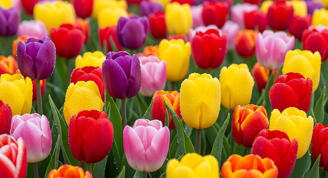 Vibrant Field of Tulips in Full Bloom.