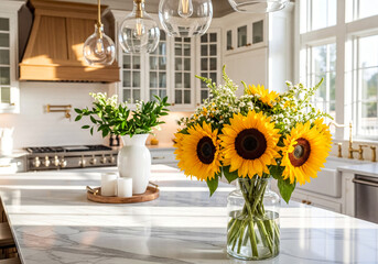 Modern kitchen with sunflowers and greenery on marble countertop Keywords: kitchen, modern