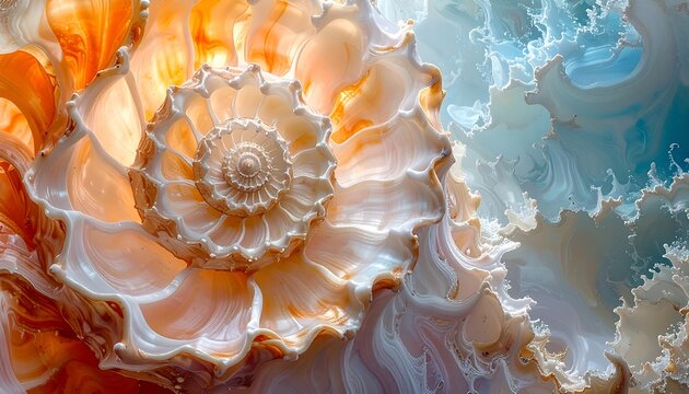 Opalescent seashell close-up, its spiral capturing swirling light and texture against a background of watery blues