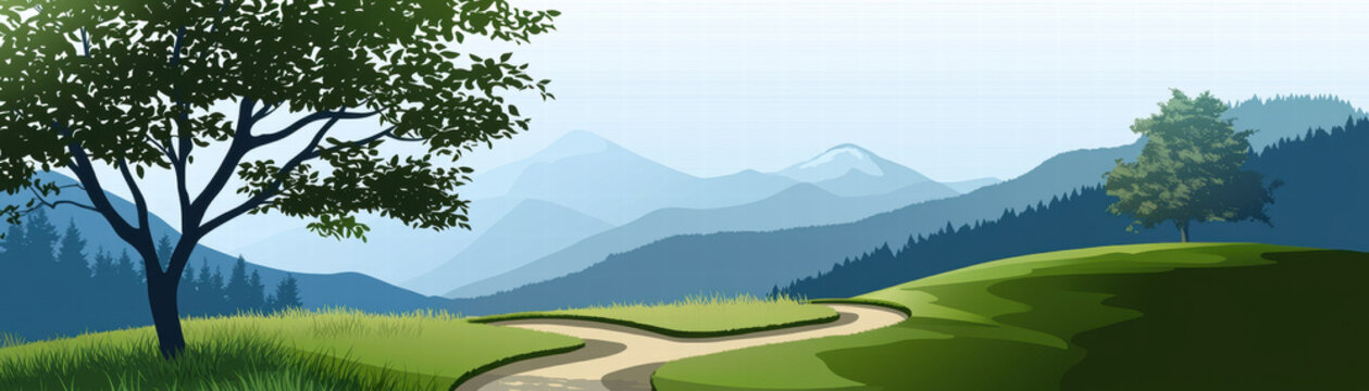 Peaceful mountain trail splits into two paths beneath leafy canopy with rolling hills, distant blue peaks and green meadow sunlight