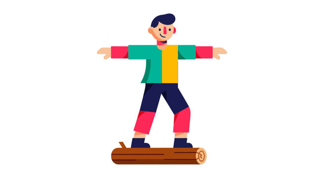 A Cartoon Human Balancing Peacefully On A Wooden Log Over A Black Background