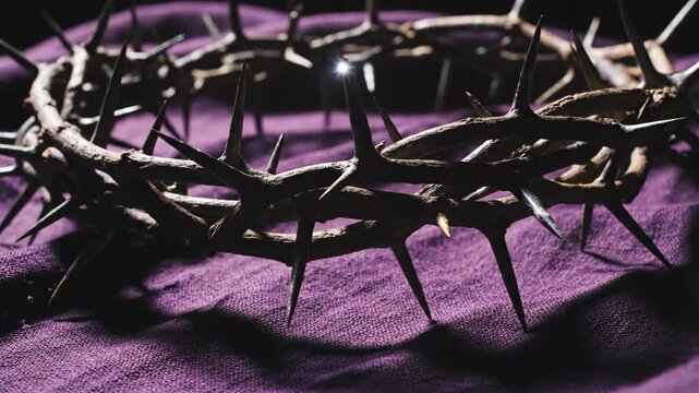A crown of thorns rests on a purple cloth symbolizing the passion of Jesus Christ his sacrifice and the religious observance of Easter and Lent