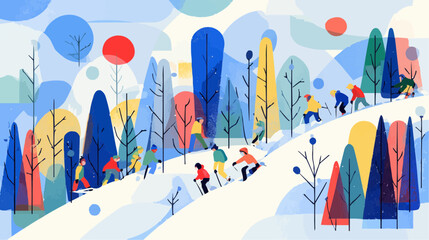 People skiing on a snowy hill among colorful winter trees, active outdoor scene designed for seasonal decor, packaging or a sports poster