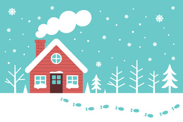 Fototapeta premium A charming red house with smoke billowing from its chimney stands nestled in a snowy winter landscape.
