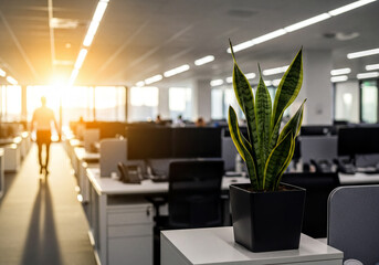 Modern Office Interior with Sunlit Windows and Snake Plant image