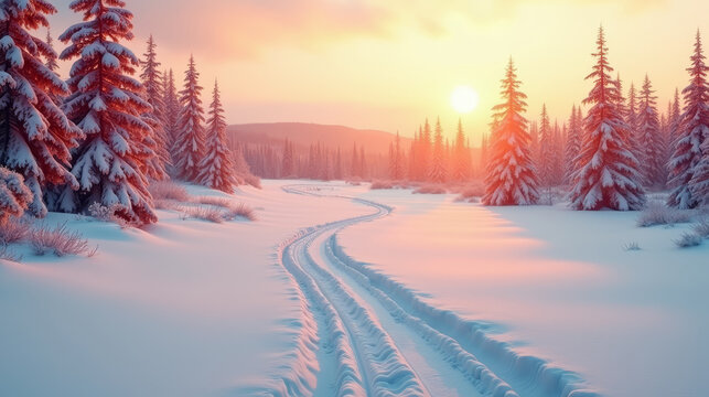 Snowy Scandinavian valley with red forest and warm sunrise, gentle snow tracks, minimal cozy fantasy winter illustration